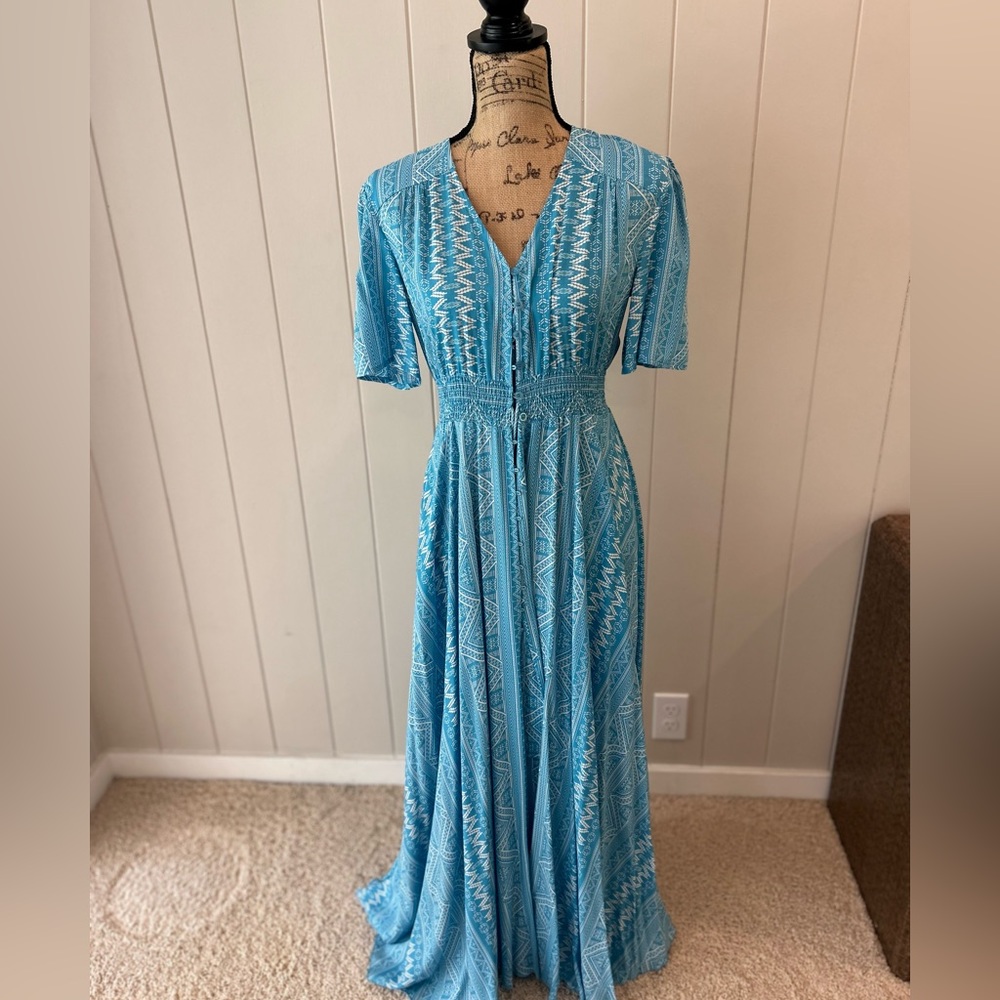 Blue dress.